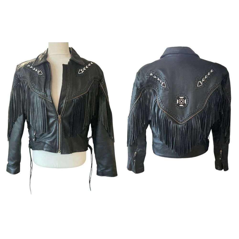 Unik Leather Apparels Black Beaded Fringe Motorcycle Jacket size 10